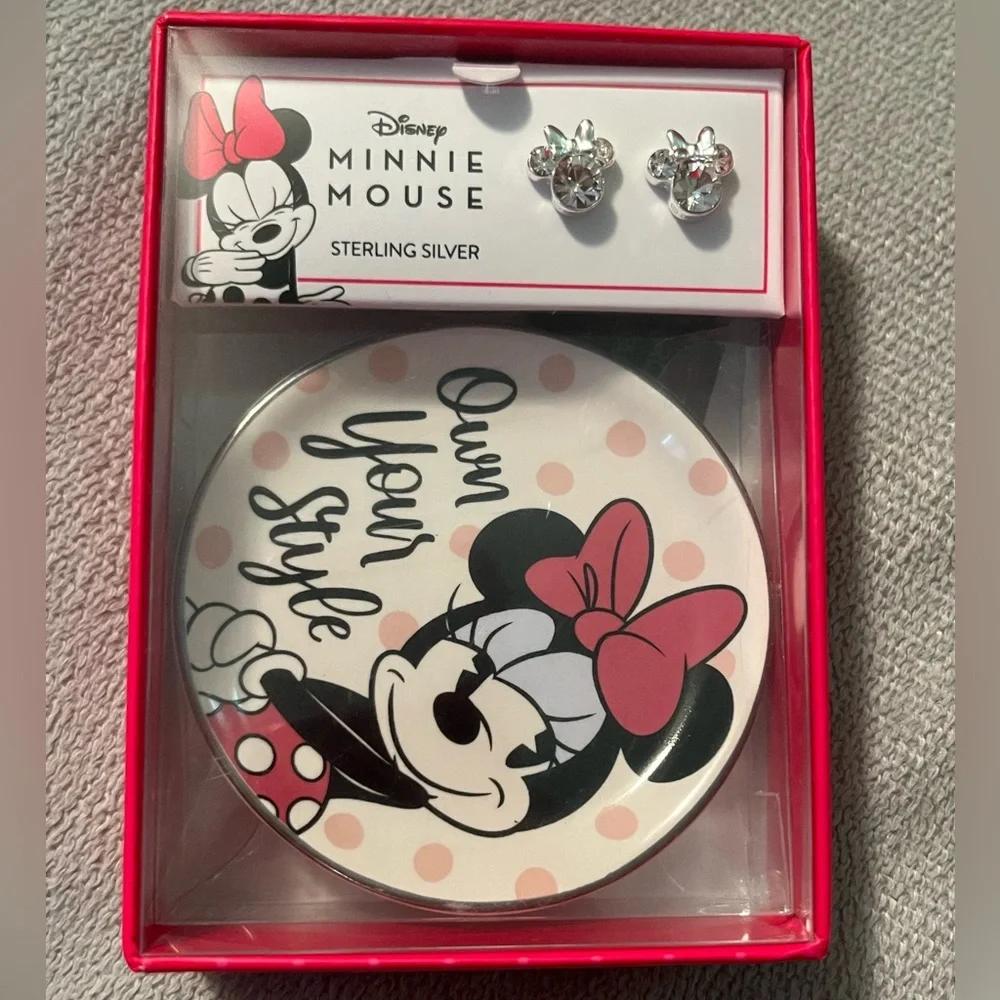 Minnie Mouse Clear Crystal Stud Earrings in Sterling Silver & Trinket Dish